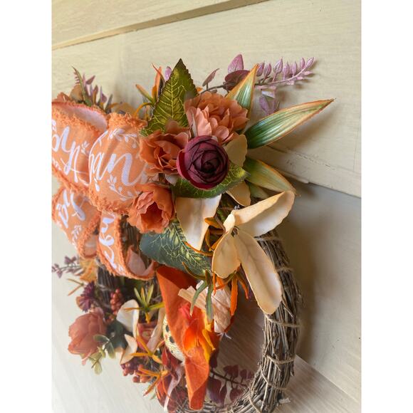 Fall Pumpkin Bamboo Wreath with Scarecrows, Thankful Bow & Autumn Florals - Picture 6 of 9